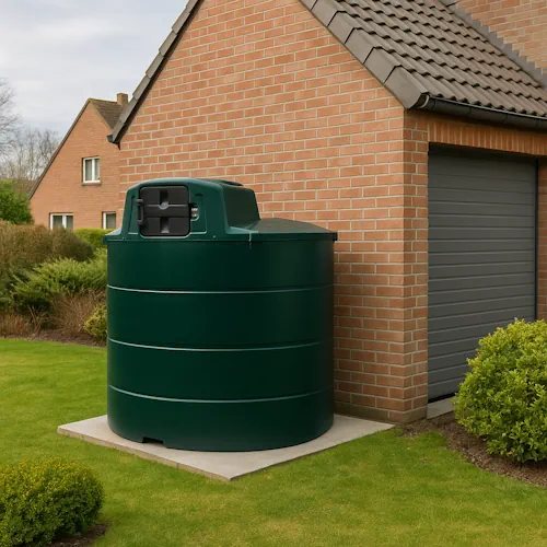 Groene bovengrondse stookolietank in kunststof, geplaatst naast een garage in de tuin voor veilige opslag van stookolie