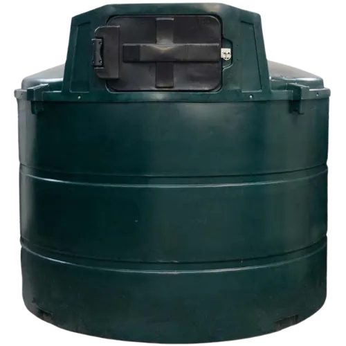 Afbeelding van een groene kunststof bovengrondse stookolietank, ideaal voor veilige opslag van stookolie in huis of tuin