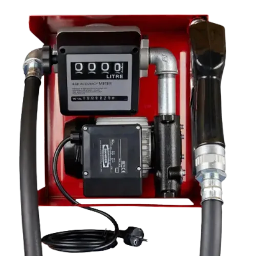 Rode open-frame mazoutpomp met geïntegreerd mechanisch telwerk, slang en automatisch pistool.