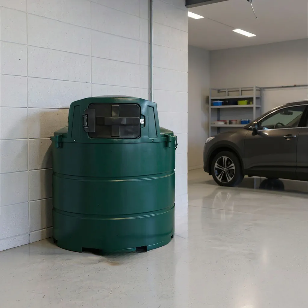 Mazouttank met pomp van Bollaert in garage, compleet met slang en pistool