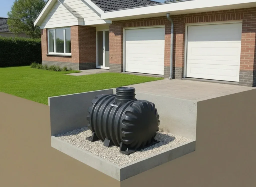 Ondergrondse kunststof mazouttank van Bollaert veilig ingegraven naast woning