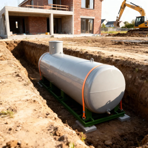 Ondergrondse stookolietank 5000 liter geplaatst in tuin bij nieuwbouwwoning.