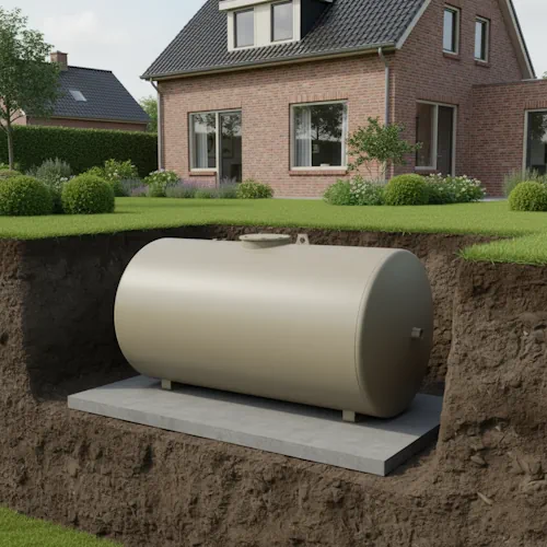Doorsnede van een residentiële, ondergrondse stookolietank in een Vlaamse tuin. De tank rust op een betonnen funderingsplaat in een kuil met kale aarde. De bovenkant van de tank ligt 50 cm onder het maaiveld, met een inspectieschacht die gelijk ligt met het omringende gras.