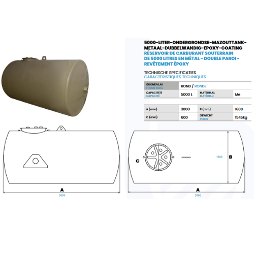 Technische tekening ondergrondse stookolietank 5000 liter in metaal met epoxy coating, inclusief afmetingen en gewicht.