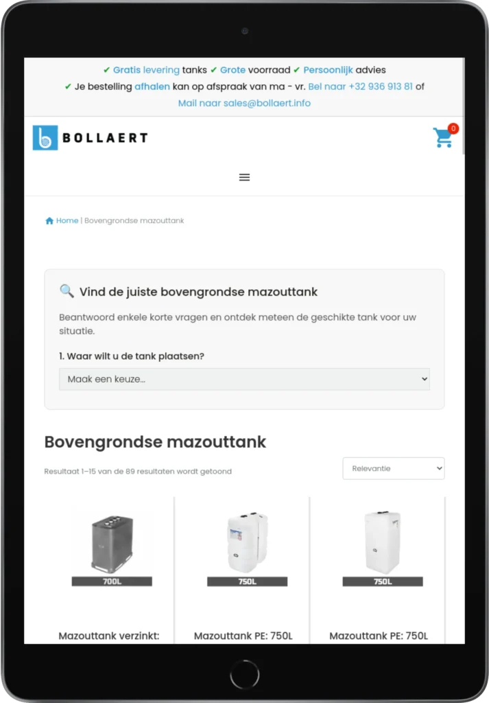 Tablet met de webshop van Bollaert waarop bezoekers eenvoudig hun mazouttank kunnen kopen