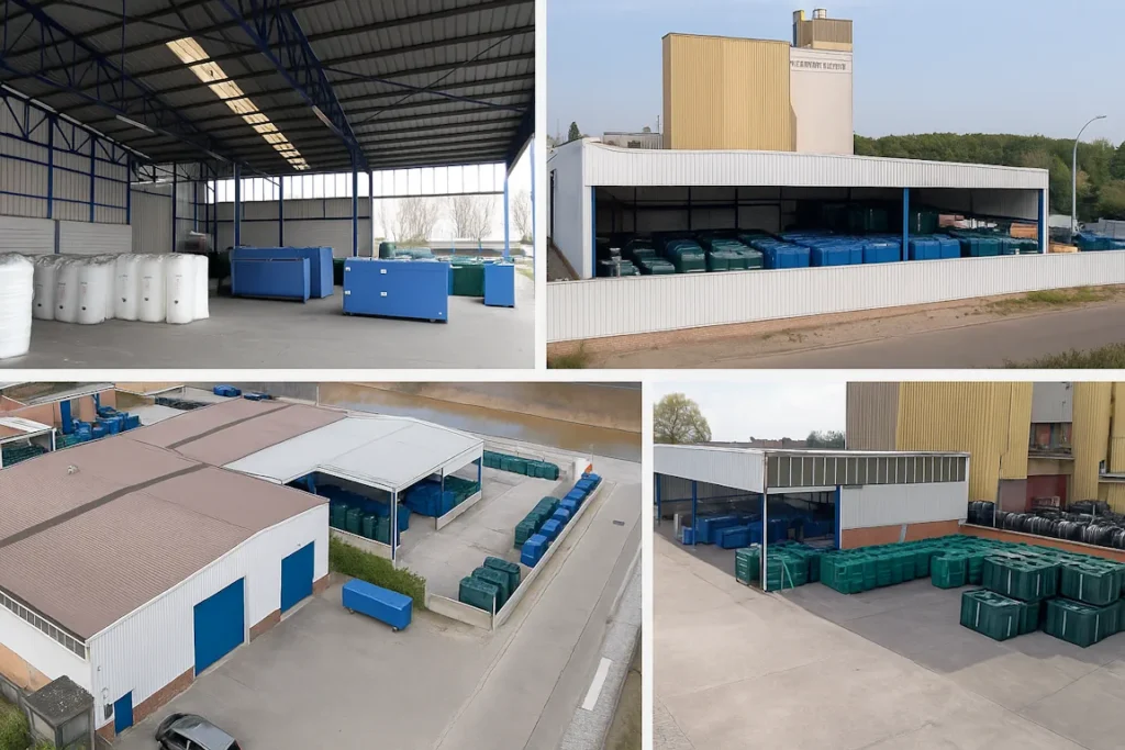 Opslag en montage van Bollaert mazouttanks in het magazijn en de showroom in Wetteren.