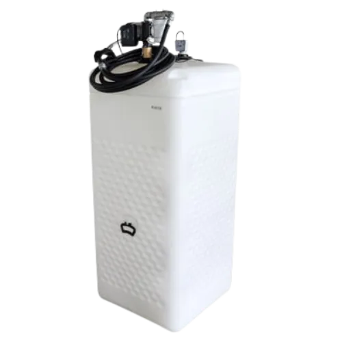 Compacte kunststof dieseltank met pomp, ideaal voor binnengebruik in werkplaats of garage.