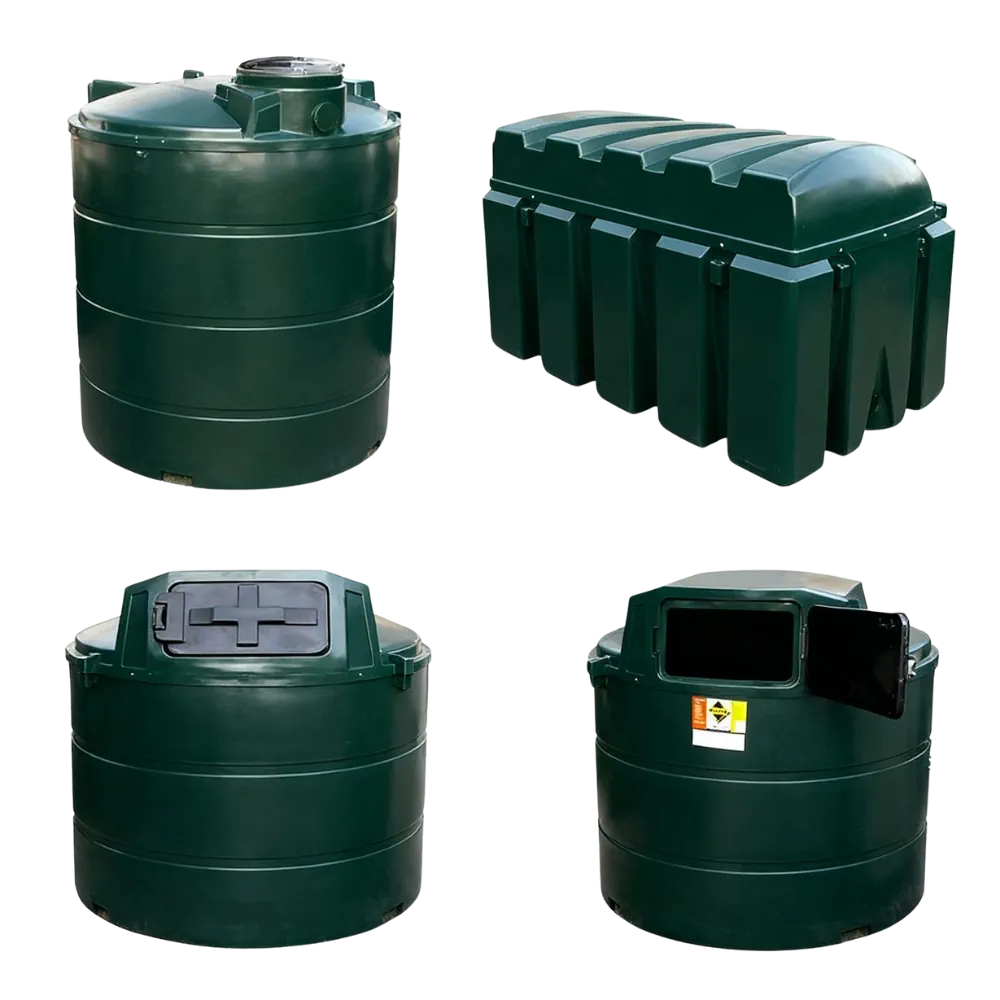 Groene bovengrondse dubbelwandige stookolietank in kunststof (HDPE), UV-bestendig en geschikt voor buitenopstelling. Ideaal voor landbouw, industrie en bedrijven met grote opslagbehoefte tot 9.400 liter.