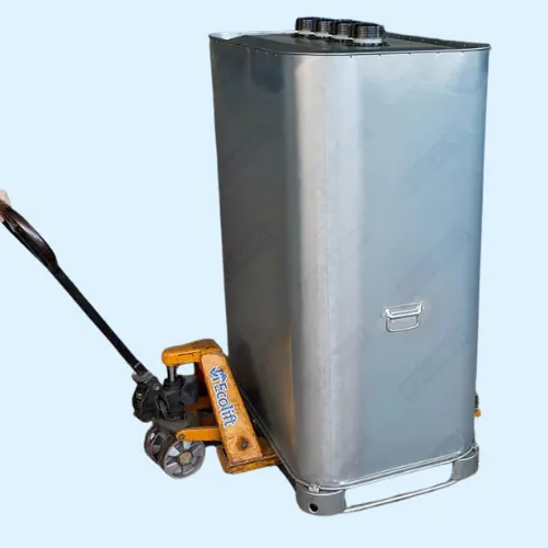 Mobiele dubbelwandige olietank van 1000 liter in verzinkt staal, eenvoudig verplaatsbaar met transpallet. Ideaal voor werkplaatsen en garages met beperkt ruimtegebruik.