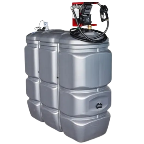 UV-bestendige mazouttank met pomp voor buitenopstelling, voorzien van duurzame HDPE-behuizing.