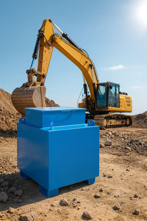Werftank mazout op een bouwwerf met graafmachine, gebruikt voor veilige opslag van diesel of stookolie.