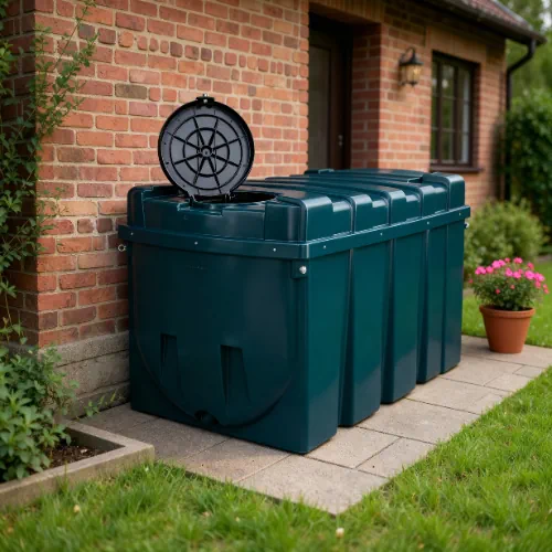 Kunststof mazouttank van 2500 liter naast een woning, gebruikt als illustratie bij de wetgeving mazouttank in Vlaanderen.